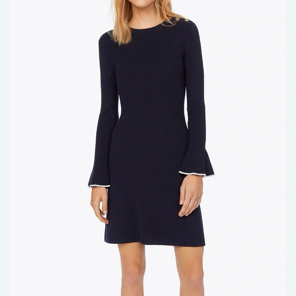 Tory Burch-84% Merino wool bell sleeves sweater dress in navy blue. Size M